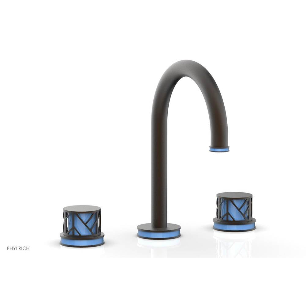 Phylrich - Antique Bronze Jolie Widespread Lavatory Faucet With Gooseneck Spout, Round Cutaway Handles, And Light Blue Accents - 1.2GPM - Antique Bronze with Light Blue