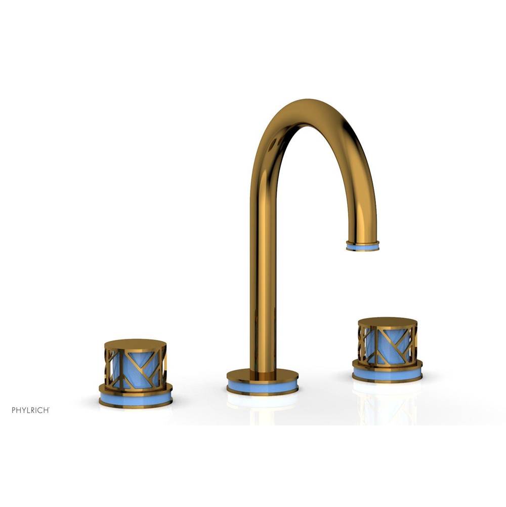 Phylrich - Polished Gold Jolie Widespread Lavatory Faucet With Gooseneck Spout, Round Cutaway Handles, And Light Blue Accents - 1.2GPM - Polished Gold with Light Blue