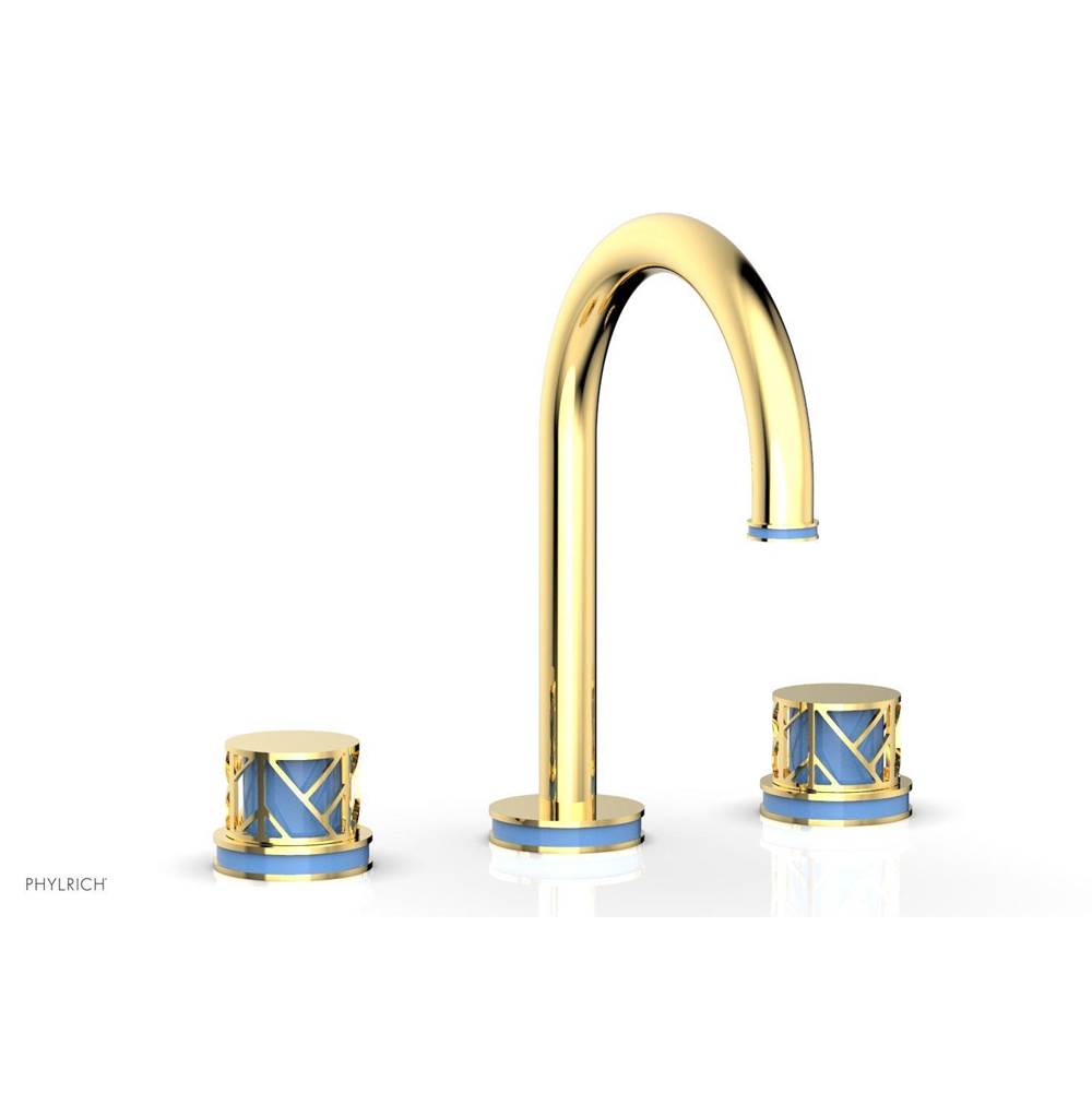 Phylrich - Satin Gold Jolie Widespread Lavatory Faucet With Gooseneck Spout, Round Cutaway Handles, And Light Blue Accents - 1.2GPM - Satin Gold with Light Blue