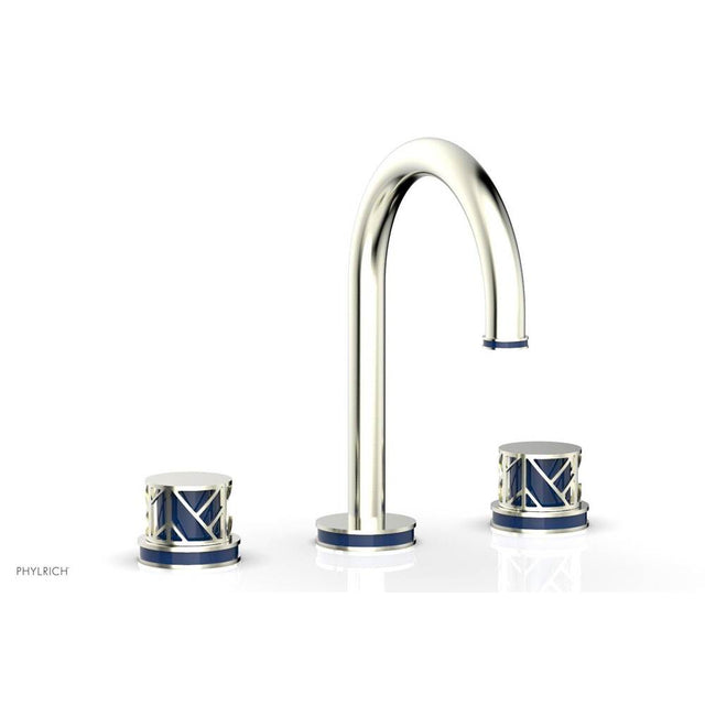 Phylrich - French Brass (Living Finish) Jolie Widespread Lavatory Faucet With Gooseneck Spout, Round Cutaway Handles, And Navy Blue Accents - 1.2GPM - French Brass