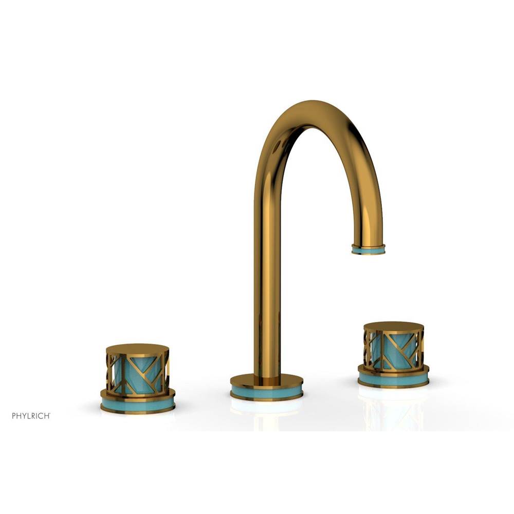 Phylrich - Satin Gold Jolie Widespread Lavatory Faucet With Gooseneck Spout, Round Cutaway Handles, And Turquoise Accents - 1.2GPM - Satin Gold with Turquoise