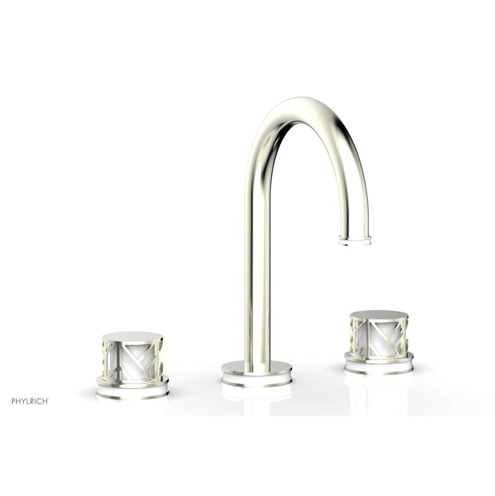 Phylrich - Polished Gold Jolie Widespread Lavatory Faucet With Gooseneck Spout, Round Cutaway Handles, And Gloss White Accents - 1.2GPM - Polished Gold with Gloss White