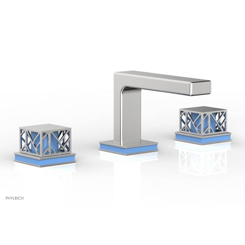 Phylrich - Satin Chrome Jolie Widespread Lavatory Faucet With Rectangular Low Spout, Square Cutaway Handles, And Light Blue Accents - 1.2GPM - Satin Chrome with Light Blue
