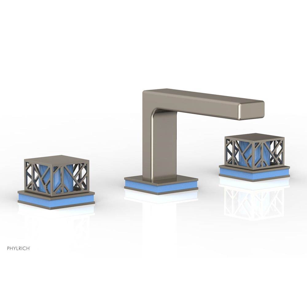 Phylrich - Pewter Jolie Widespread Lavatory Faucet With Rectangular Low Spout, Square Cutaway Handles, And Light Blue Accents - 1.2GPM - Pewter with Light Blue