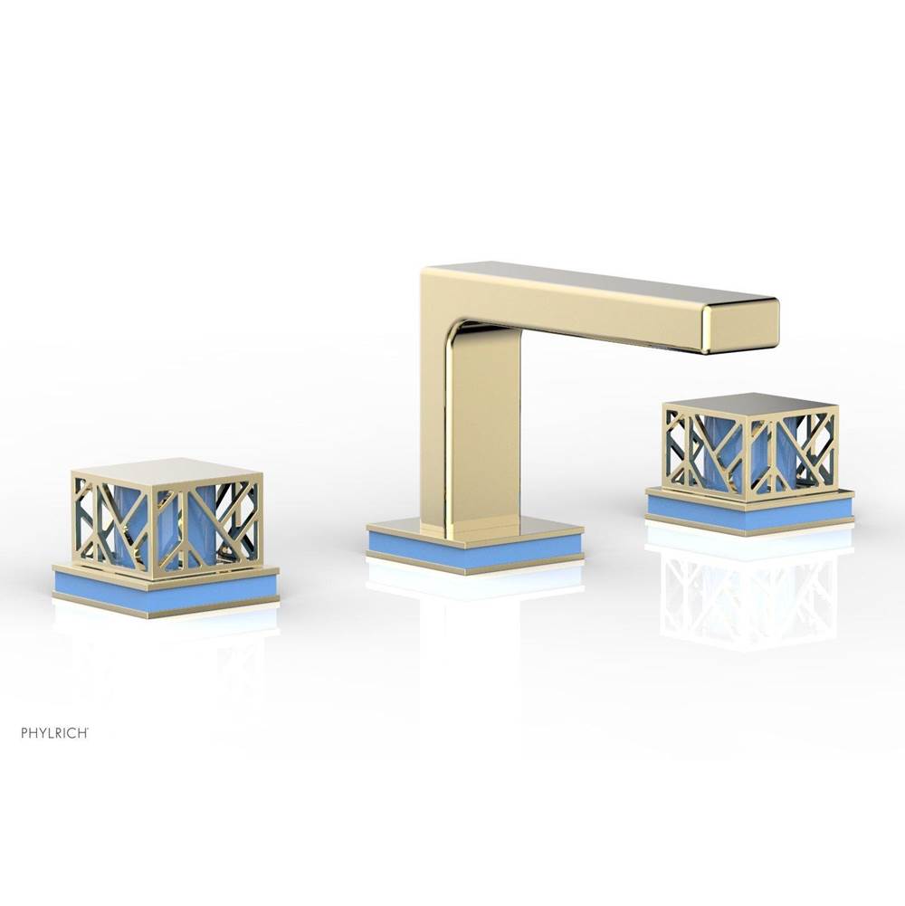 Phylrich - Polished Brass Uncoated (Living Finish) Jolie Widespread Lavatory Faucet With Rectangular Low Spout - Polished Brass Uncoated with Light Blue