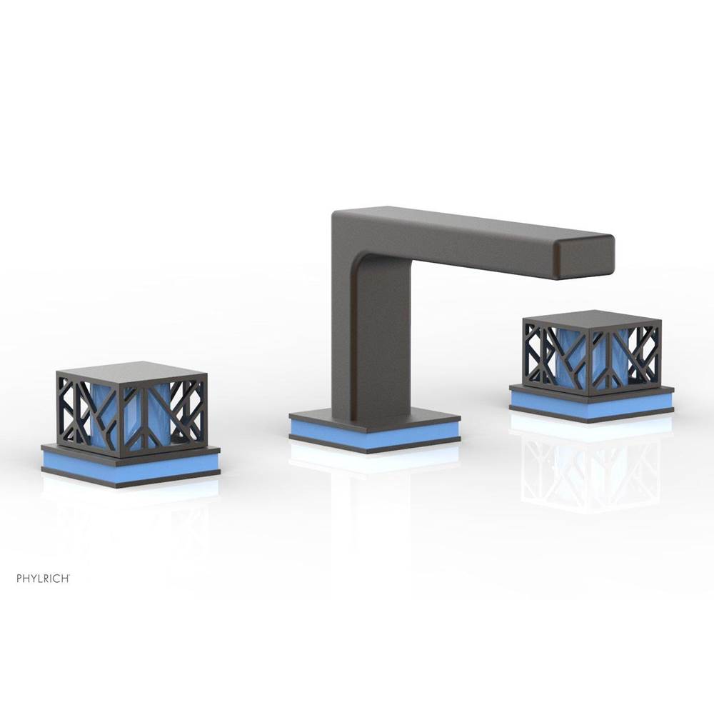 Phylrich - Oil Rubbed Bronze Jolie Widespread Lavatory Faucet With Rectangular Low Spout, Square Cutaway Handles, And Light Blue Accents - 1.2GPM - Oil Rubbed Bronze with Light Blue