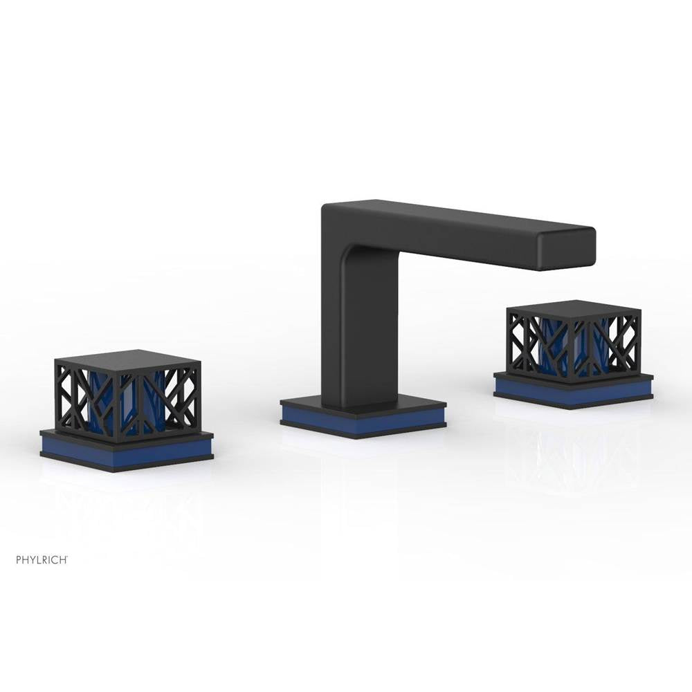 Phylrich - Satin Nickel Jolie Widespread Lavatory Faucet With Rectangular Low Spout, Square Cutaway Handles, And Navy Blue Accents - 1.2GPM - Satin Nickel with Navy Blue