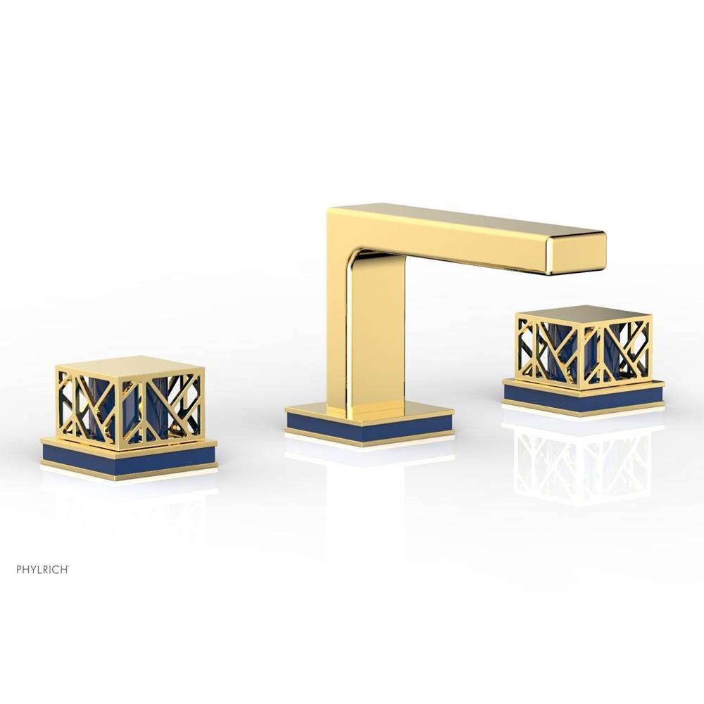 Phylrich - Polished Gold Jolie Widespread Lavatory Faucet With Rectangular Low Spout, Square Cutaway Handles, And Navy Blue Accents - 1.2GPM - Polished Gold with Navy Blue