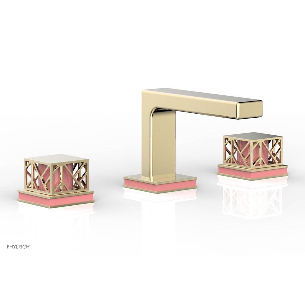 Phylrich - Polished Brass Uncoated (Living Finish) Jolie Widespread Lavatory Faucet With Rectangular Low Spout, Square Cutaway Handles, And Pink Accents - 1.2GPM - Polished Brass Uncoated with Pink