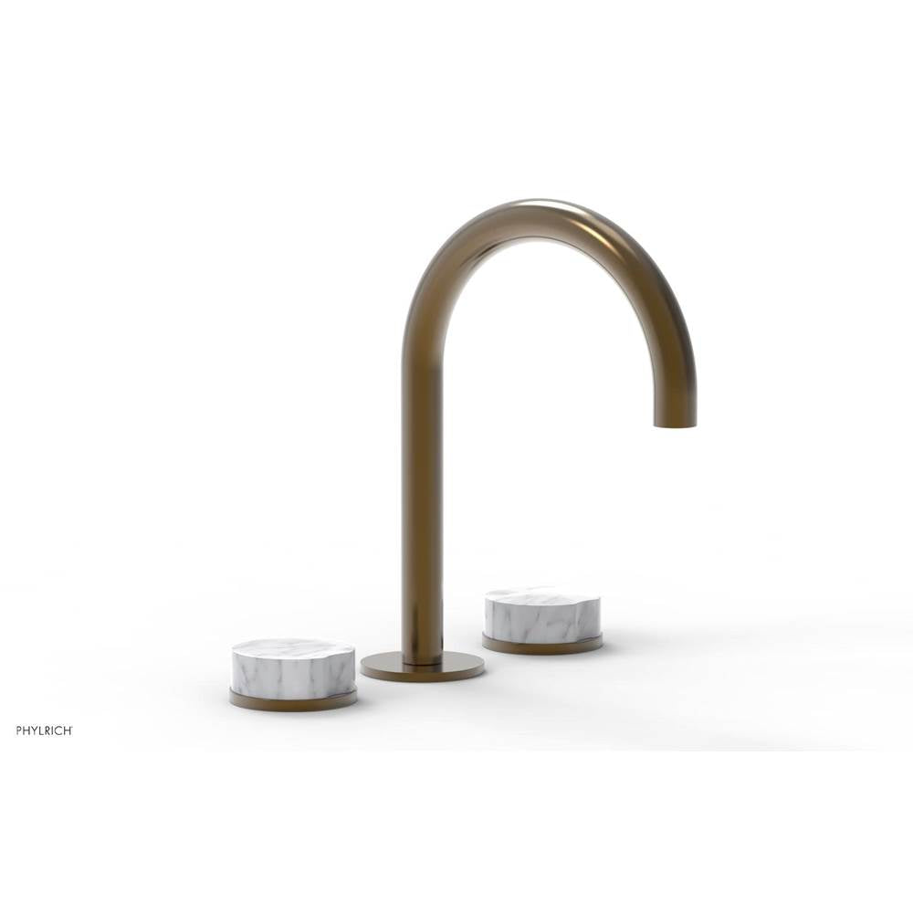 Phylrich - CIRC - Widespread Faucet - High Spout, White Marble Handles, Push-to-Close Drain - Antique Brass