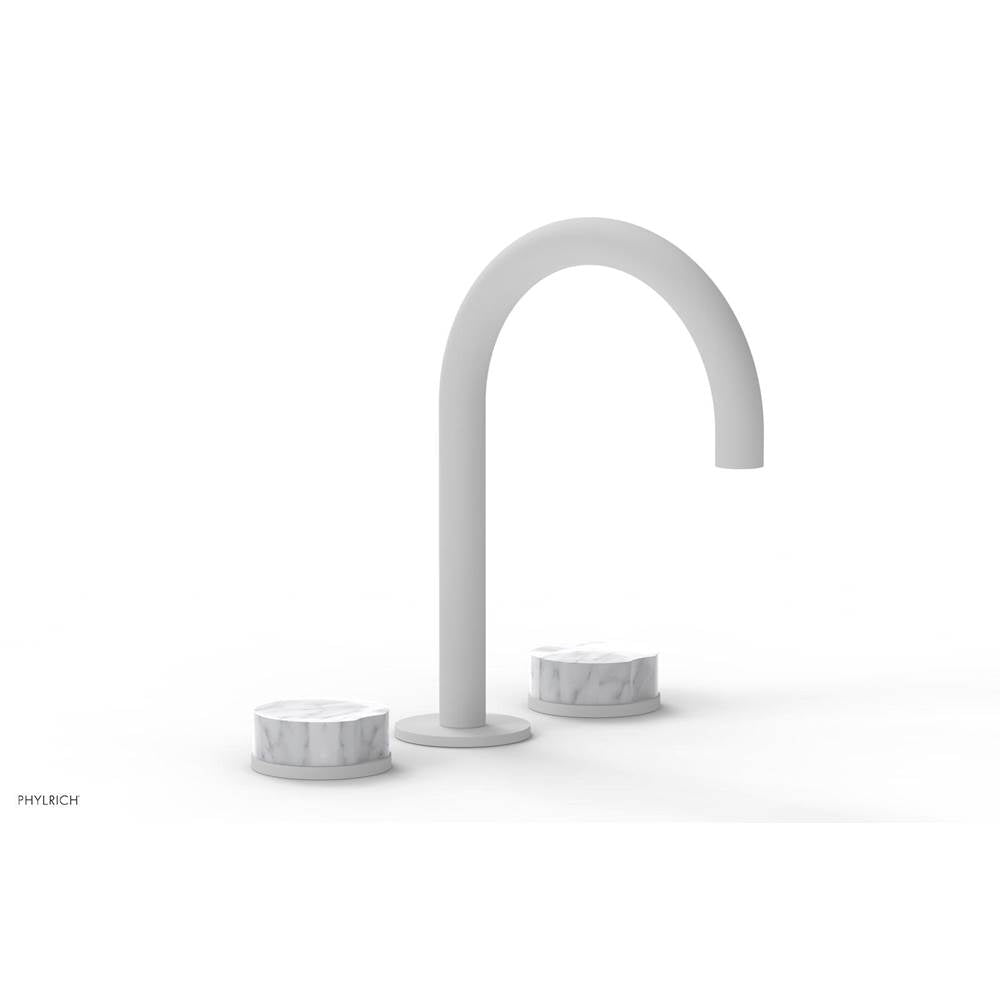 Phylrich - CIRC - Widespread Faucet - High Spout, White Marble Handles, Push-to-Close Drain - Satin White