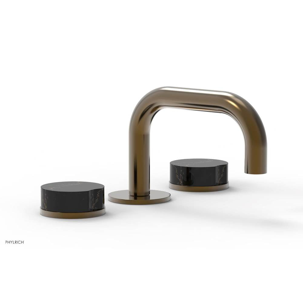 Phylrich - CIRC - Widespread Faucet - Low Spout, Black Marble Handles, Push-to-Close Drain - Antique Brass