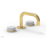 Phylrich - CIRC - Widespread Faucet - Low Spout, White Marble Handles, Push-to-Close Drain - Satin Gold