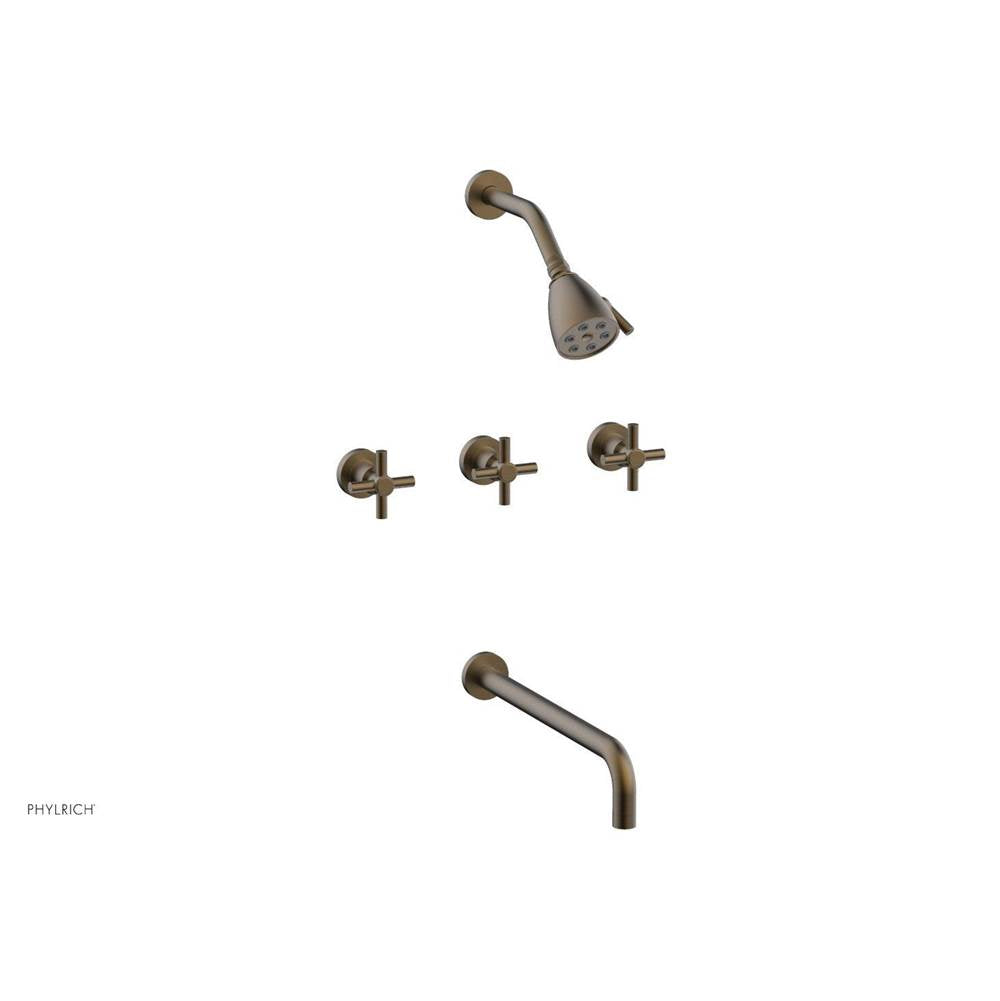 Phylrich - BASIC Three Handle Tub and Shower Set 14'' Spout - Tubular Cross Handles D2134-14 - Old English Brass