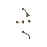 Phylrich - BASIC Three Handle Tub and Shower Set 14'' Spout - Tubular Cross Handles D2134-14 - Old English Brass