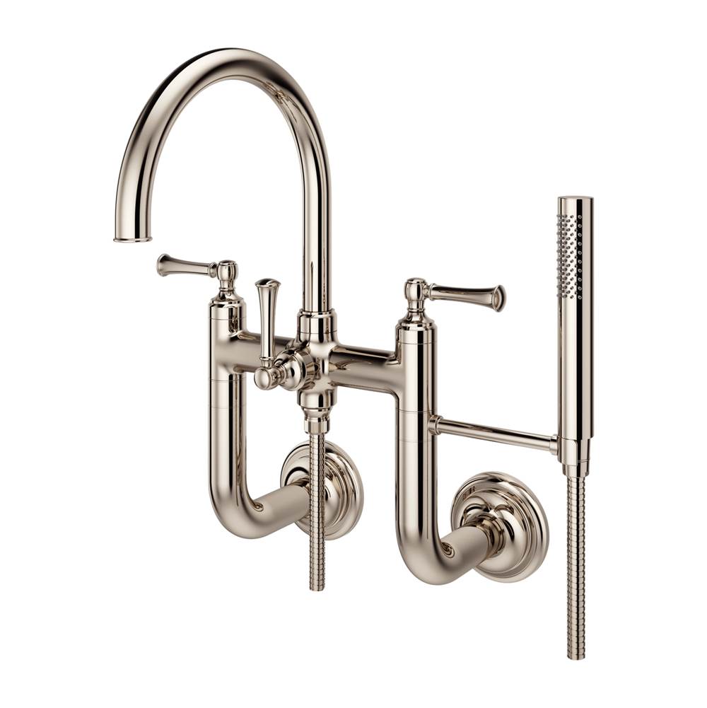 Pfister - Tisbury Wall Mount 2-Handle Tub Filler with Hand Shower in Polished Nickel - Polished Nickel