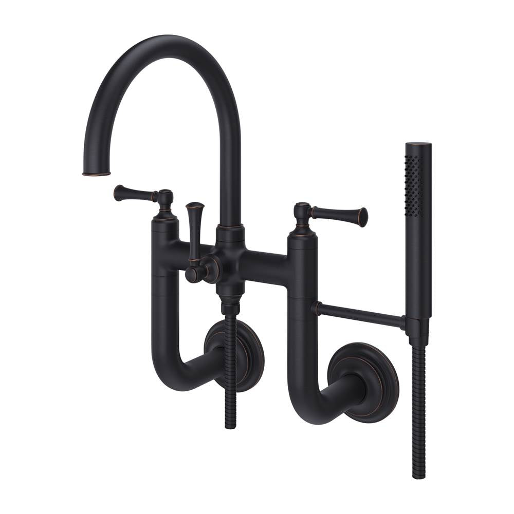 Pfister - Tisbury Wall Mount 2-Handle Tub Filler with Hand Shower in Tuscan Bronze - Tuscan Bronze