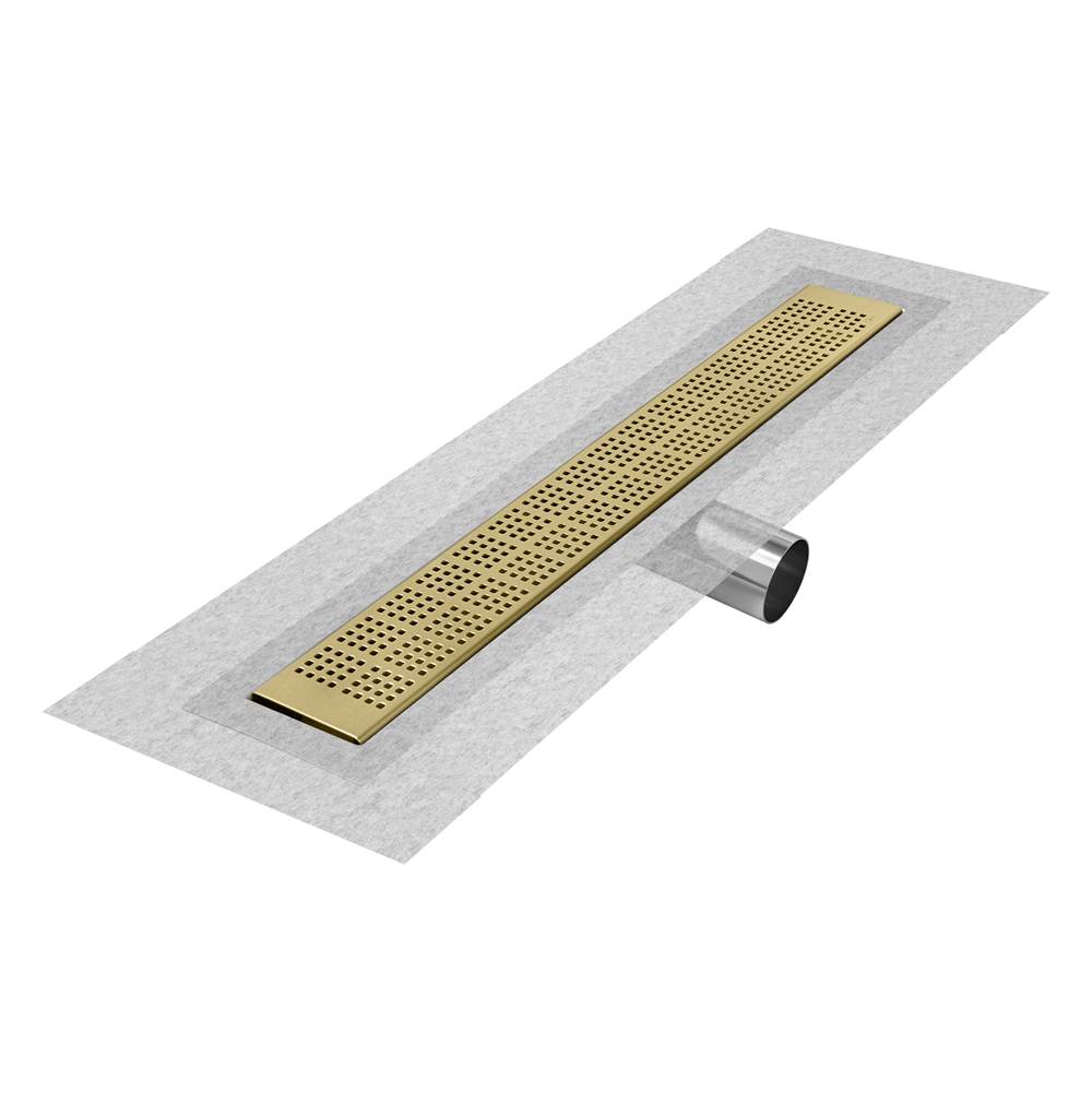 QM Drain - Delmar Series. 58'' Standard length Side Outlet linear drain.  Kai Line. Gold - Gold