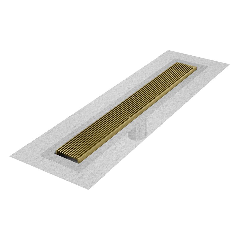 QM Drain - Delmar Series. 32'' Standard length Flange Edge linear drain.  Wedgewire Line. Gold - Gold
