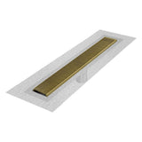 QM Drain - Delmar Series. 58'' Standard length Flange Edge linear drain.  Wedgewire Line. Gold - Gold