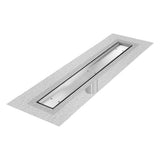 QM Drain - Delmar Series. 58'' Standard length Flange Edge linear drain. Mist (Tile-in) Line. Satin - Satin