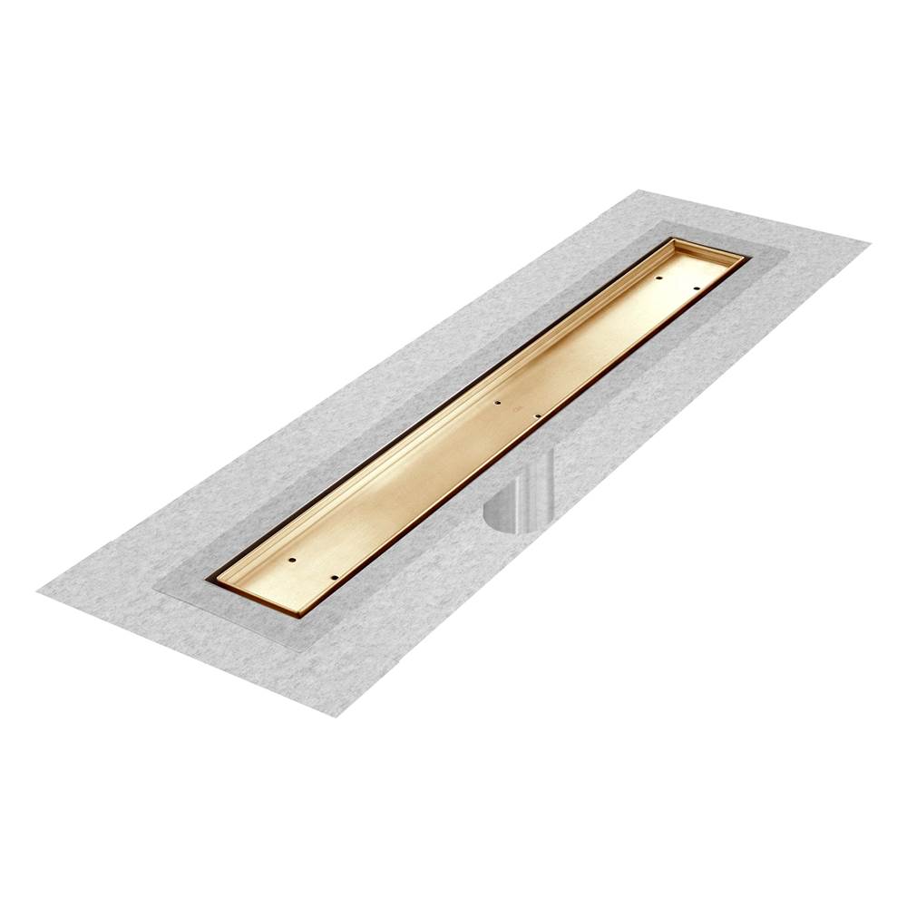 QM Drain - Delmar Series. 48'' Standard length Flange Edge linear drain. Mist (Tile-in) Line. Gold - Gold