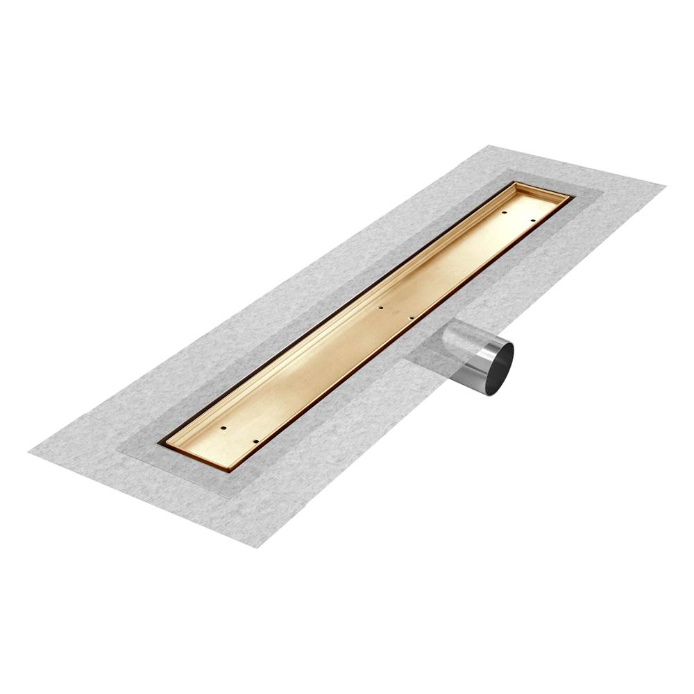 QM Drain - Delmar Series. 28'' Standard length Side Outlet linear drain. Mist (Tile-in) Line. Gold - Gold
