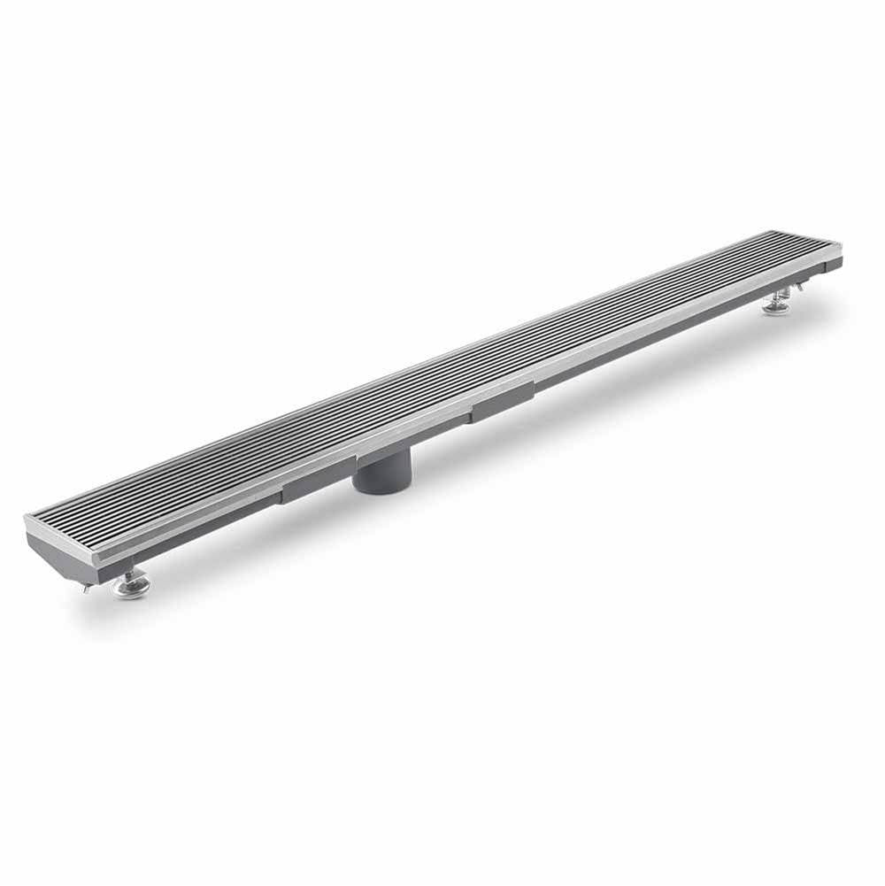QM Drain - Lagos Series. 96'' Adjustable Kit (3'' High Flow outlet):  Wedgewire Line. Satin - Satin