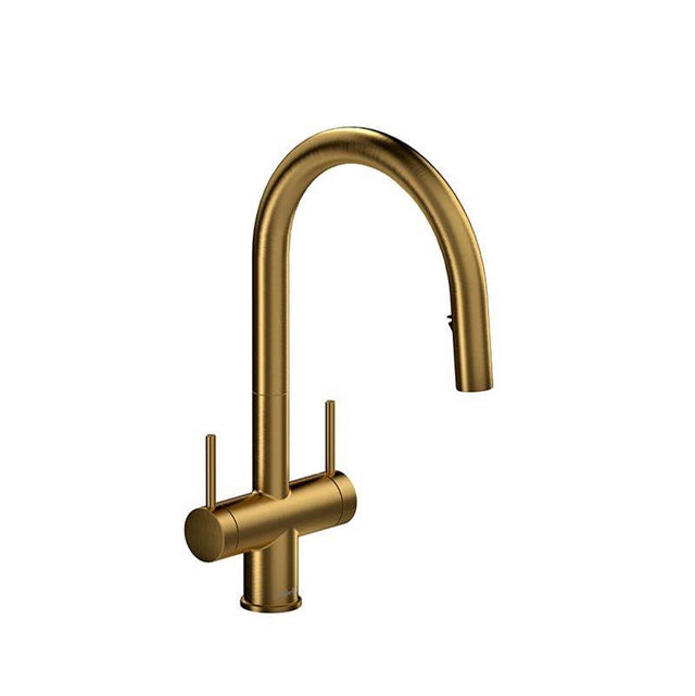 Riobel - AzureE Two Handle Pull-Down Kitchen Faucet With C-Spout - Brushed Gold