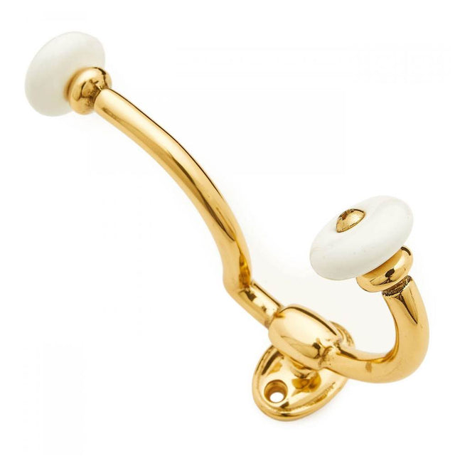 RK International - Porcelain Ends Coat and Hat Hook - Polished Brass