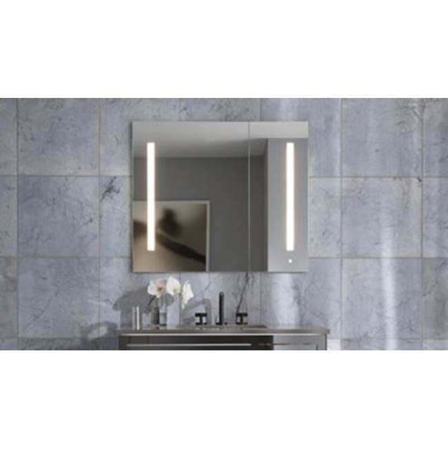 AiO Lighted Cabinet, 24'' x 30'' x 4'', LUM Lighting, 2700K Temperature (Warm Light), Dimmable, OM Audio, Electrical Outlet, USB Left Hinge