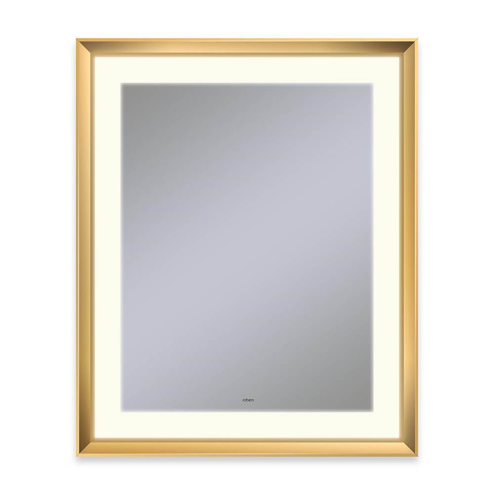 Robern - Sculpt Lighted Mirror, 27'' x 33'' x 2-5/16'', Chamfer Museum Frame, Matte Gold, Perimeter Light Pattern, 2700K Color Temperature (Warm White), Defogger - Matte Gold