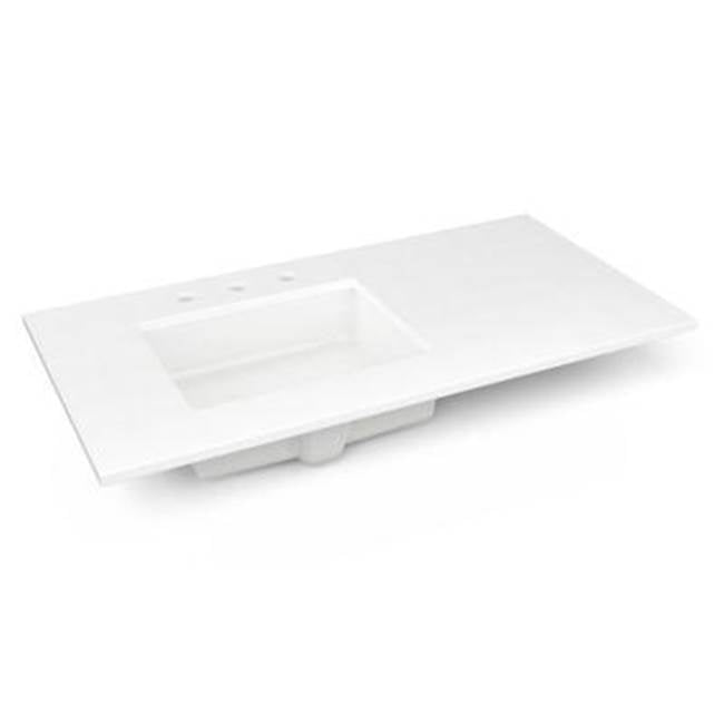Robern - Engineered Stone Vanity Top, 43'' x 22'' x 3/4'', Left Offset Undercounter Sink, Quartz White, Three Hole