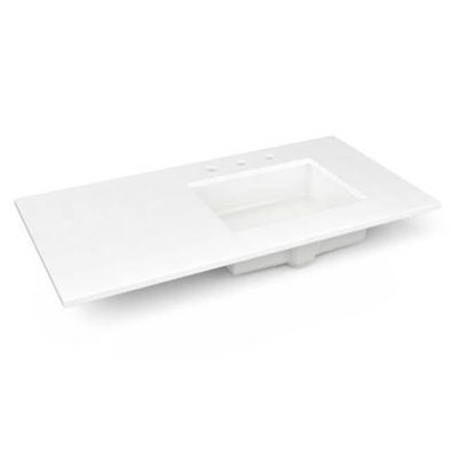 Robern - Engineered Stone Vanity Top, 43'' x 22'' x 3/4'', Right Offset Undercounter Sink, Quartz White, Three Hole
