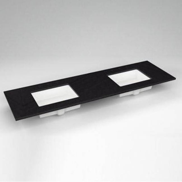 Robern - Engineered Stone Vanity Top, 73'' x 22'' x 3/4'', Double Undercounter Sink, Lava Black, Three Hole