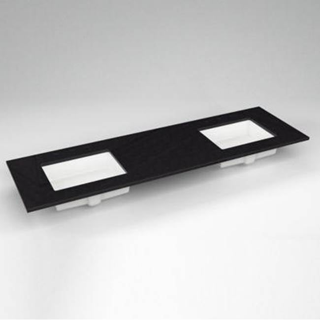 Robern - Engineered Stone Vanity Top, 73'' x 22'' x 3/4'', Double Undercounter Sink, Lava Black, Three Hole