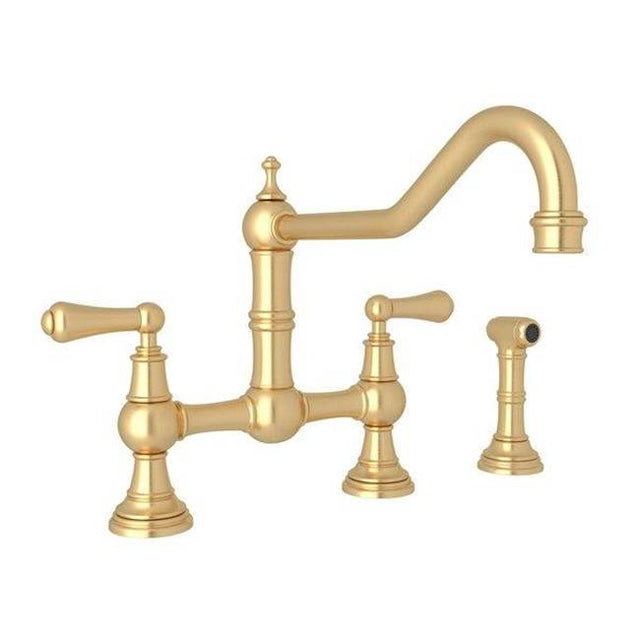 Rohl - EdwardianE Extended Spout Bridge Kitchen Faucet With Side Spray - Satin English Gold