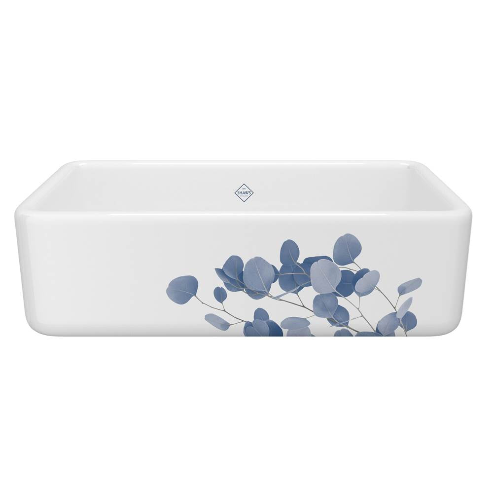 Rohl - LancasterE 33'' Single Bowl Farmhouse Apron Front Fireclay Kitchen Sink With Eucalyptus Design - Eucalyptus Blue With Silver