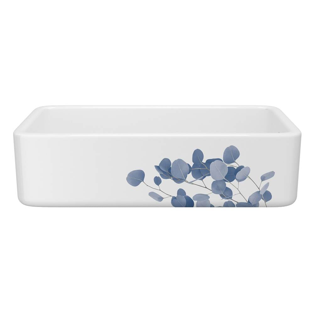Rohl - LancasterE 36'' Single Bowl Farmhouse Apron Front Fireclay Kitchen Sink With Eucalyptus Design - Eucalyptus Blue With Silver
