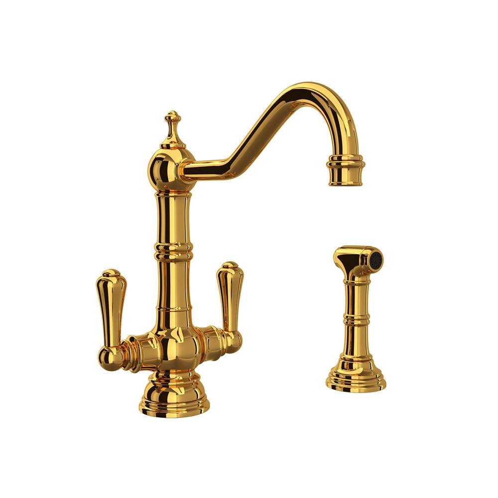 Rohl - EdwardianE Two Handle Kitchen Faucet With Side Spray - Unlacquered Brass