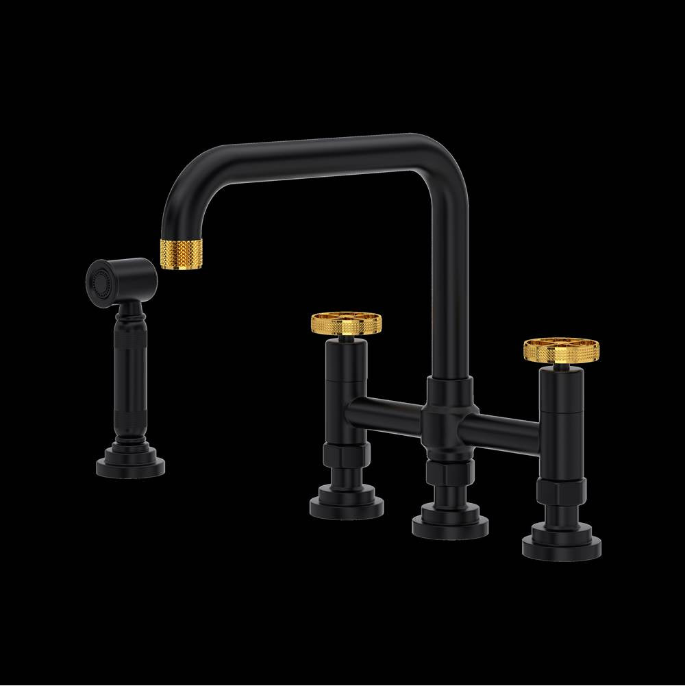 Rohl - CampoE Bridge Kitchen Faucet With Side Spray - Matte Black With Unlacquered Brass
