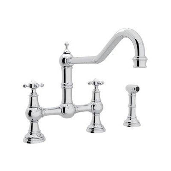 Rohl - EdwardianE Extended Spout Bridge Kitchen Faucet With Side Spray - Unlacquered Brass