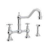 Rohl - EdwardianE Extended Spout Bridge Kitchen Faucet With Side Spray - Unlacquered Brass