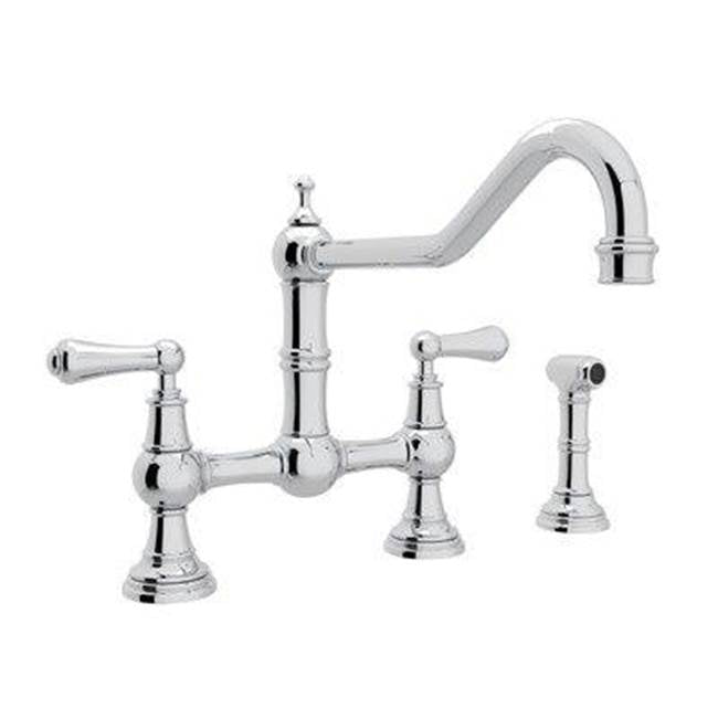 Rohl - EdwardianE Extended Spout Bridge Kitchen Faucet With Side Spray - Unlacquered Brass