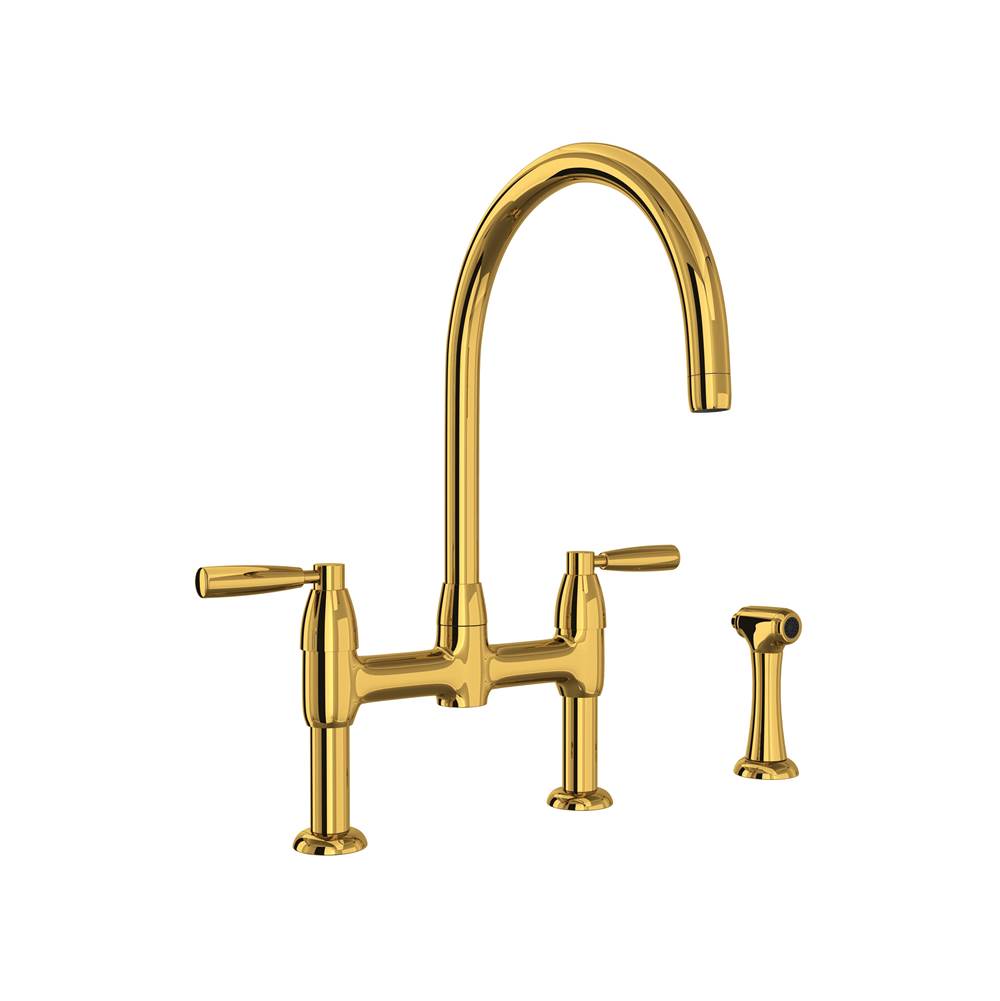 Rohl - HolbornE Bridge Kitchen Faucet With C-Spout and Side Spray - Unlacquered Brass