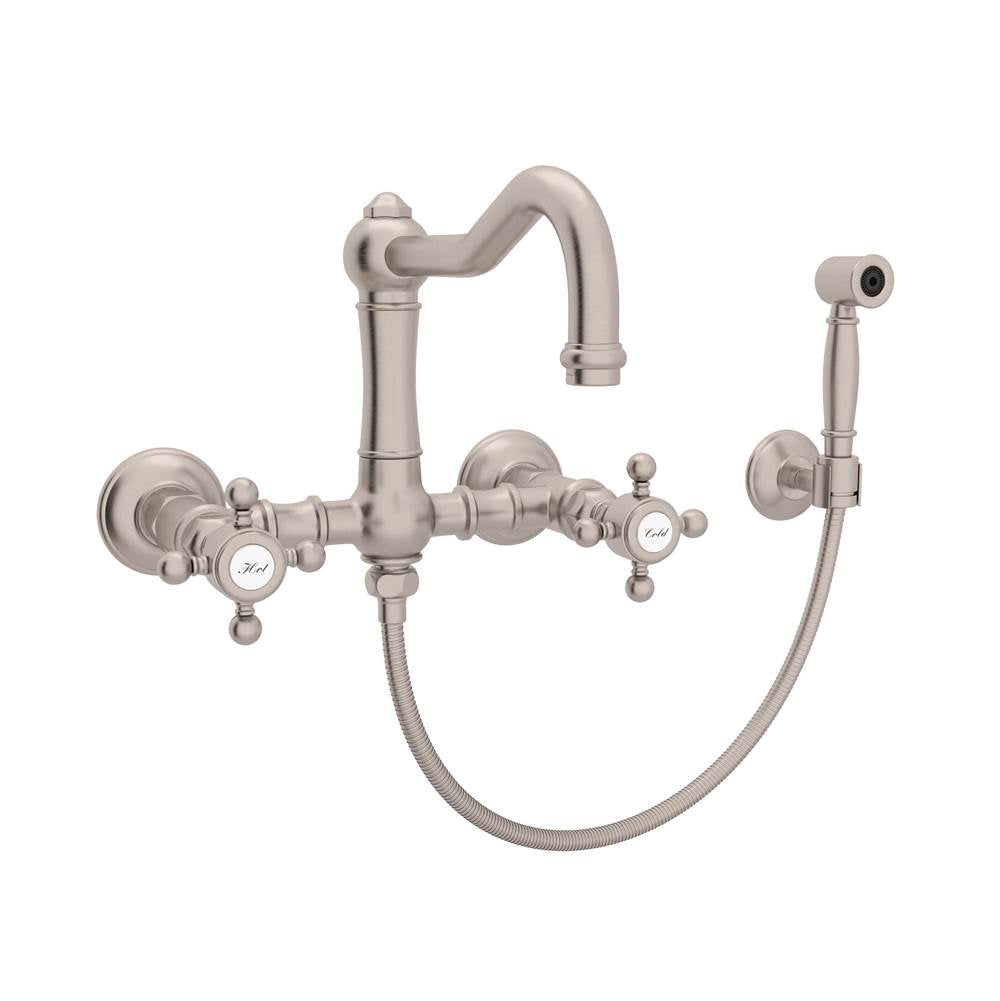Rohl - Acqui Wall Mount Bridge Kitchen Faucet With Sidespray And Column Spout - Satin Nickel