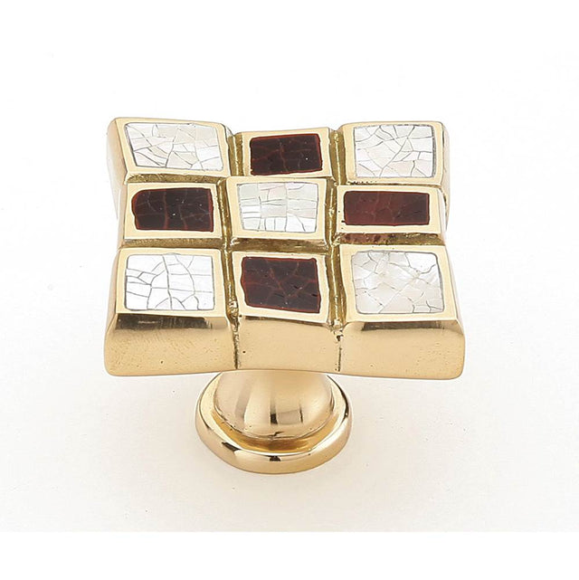 Schaub And Company - Avalon Bay,Square Knob,9 Sections,Red And White Mother Of Pearl Inlaid On Solid Brass,Polished Brass Finish - Red