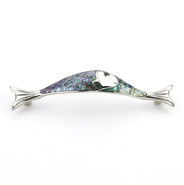 Schaub And Company - Imperial Shell,Pull,4-1/2'' Cc,Imperial Shell Inlaid On Solid Brass,Polished Nickel Fish Design, 5-1/2'' X 7/8'' - Imperial Shell