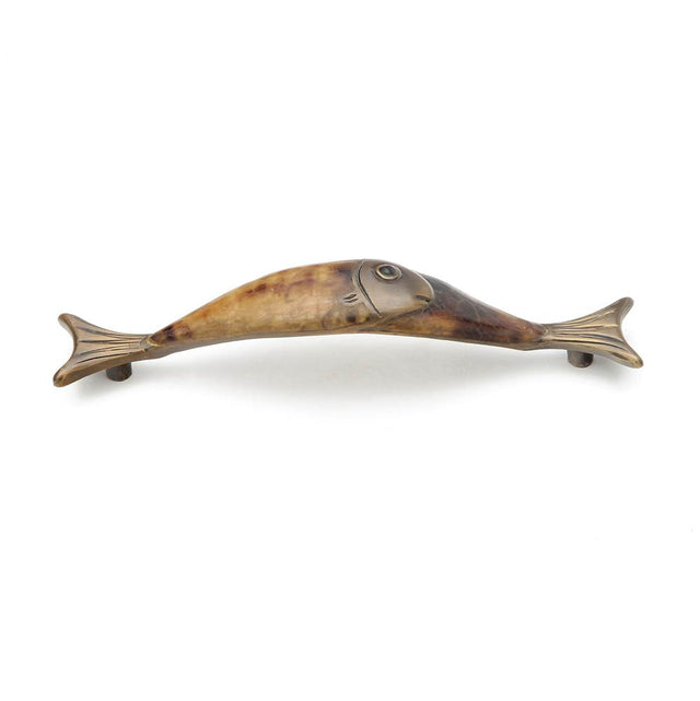 Schaub And Company - Tiger Penshell,Pull,Fish Design,4-1/2'' Cc,Penshell Inlaid On Solid Brass,Estate Dover Finish - Tiger Penshell