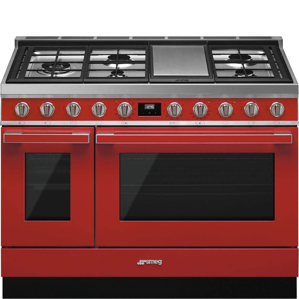 Smeg USA - Portofino Series 48'' Range. Duel Fuel with Aux Oven. Red - Red
